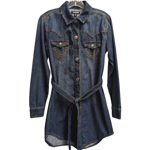 True Religion Denim Georgia Shirt Dress Distressed Button Down With Pockets - Picture 1 of 9